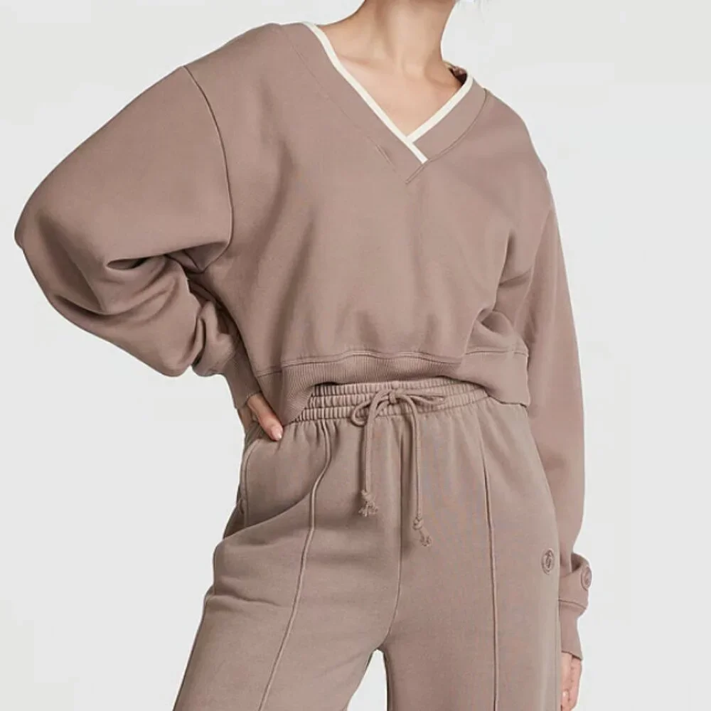 NWT Victoria's Secret PINK Premium Fleece V-Neck Pullover, Iced Coffee, Large